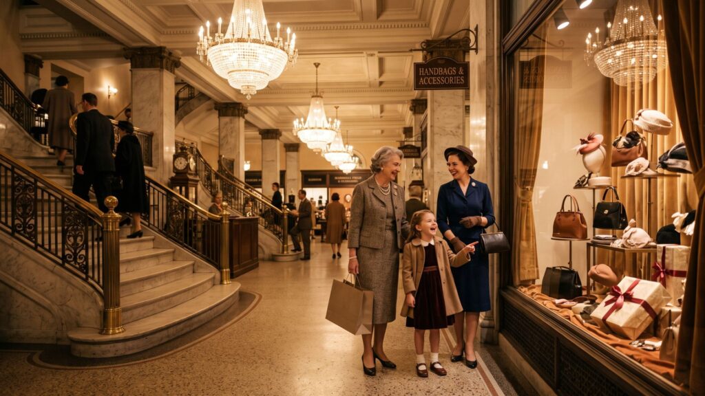 Three generations sharing memories inside a historic department store, celebrating why women loved department stores and preserving American traditions.