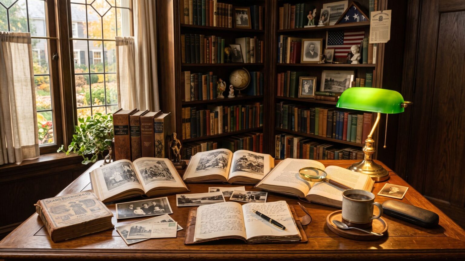 Vintage history books, antique photographs, and department store memorabilia inviting readers to explore more stories from America's past.
