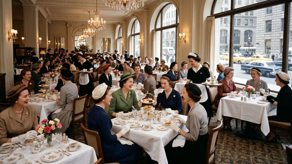 Women enjoying lunch in an elegant department store tea room, showing why women loved department stores and downtown shopping.