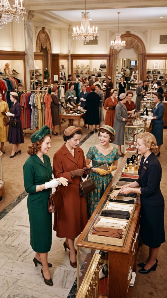 Women shopping at a fashion counter inside a historic American department store, illustrating why women loved department stores.