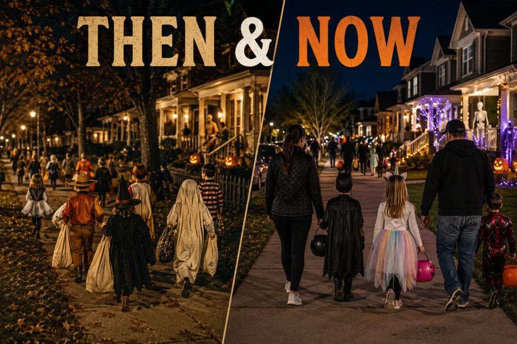 Then and Now comparison of childhood trick-or-treating and modern Halloween
