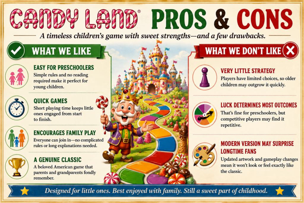 Candy Land board game pros and cons infographic showing strengths and weaknesses