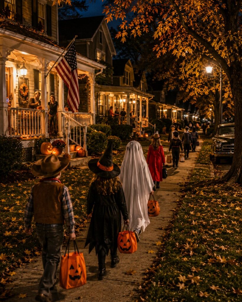 Neighbors handing out Halloween candy to children in homemade costumes on a crowded neighborhood porch