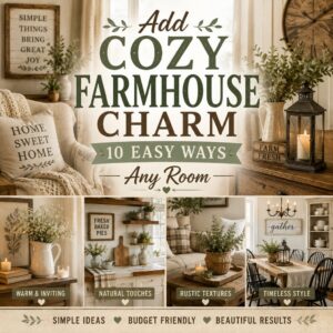 Warm farmhouse living room featuring rustic décor, greenery, lanterns, and cozy accents promoting easy farmhouse decorating ideas.