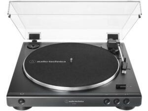 Audio-Technica AT-LP60XBT Bluetooth turntable with automatic belt-drive operation and modern design for vinyl record listening.
