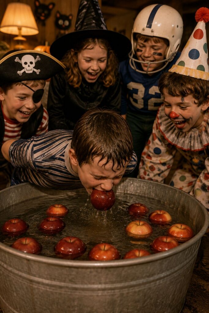 Boy bobbing for apples while children in Halloween costumes laugh and watch