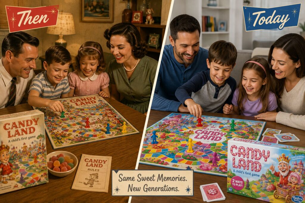Then-and-now illustration comparing families playing the same childhood board game across generations
