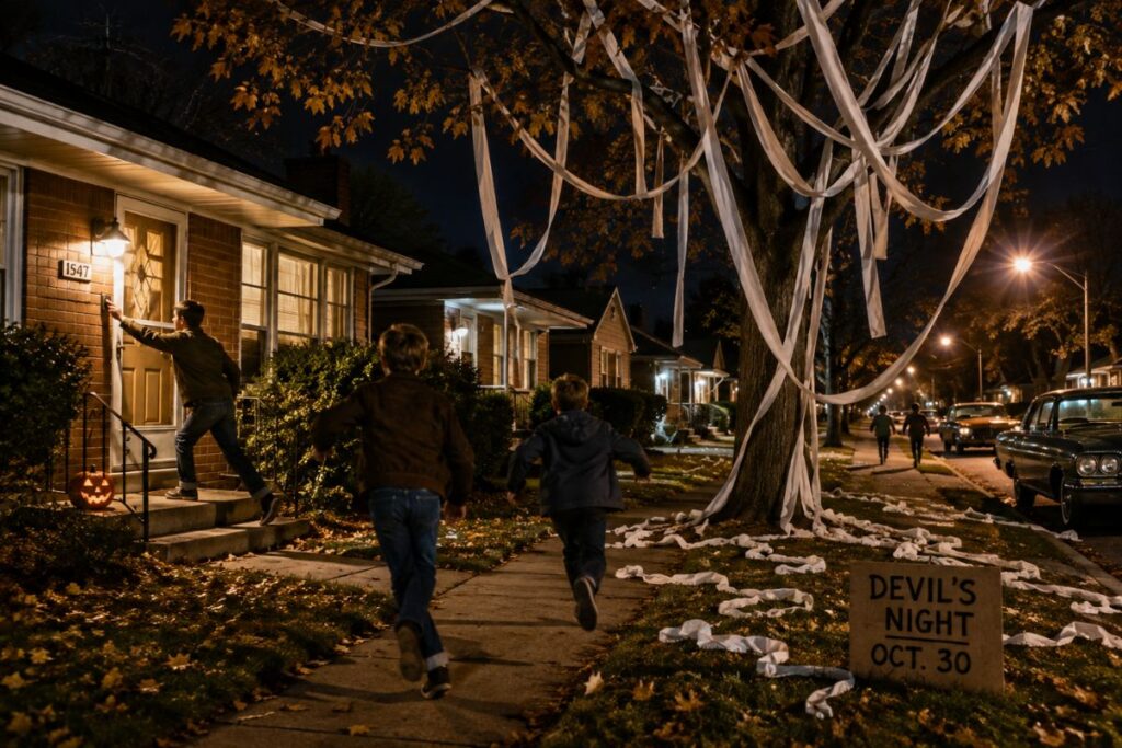 Kids ringing doorbells and running past toilet-papered trees on Devil's Night in a Detroit neighborhood
