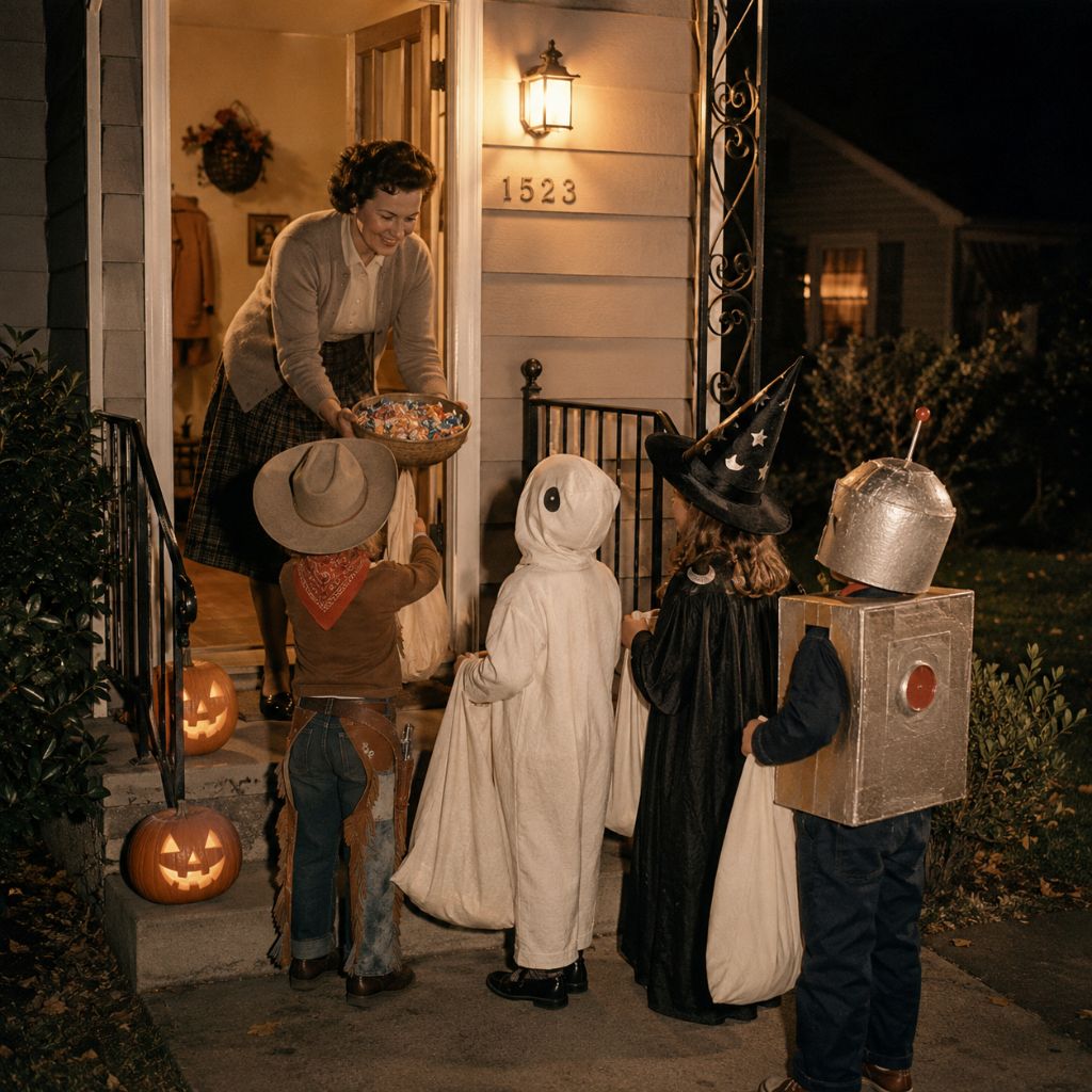 Children in homemade Halloween costumes trick-or-treating at a neighborhood porch