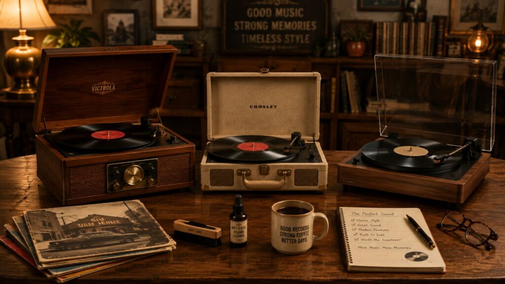 Three vintage-style record players displayed on a wooden table with vinyl records and accessories in a cozy listening room.