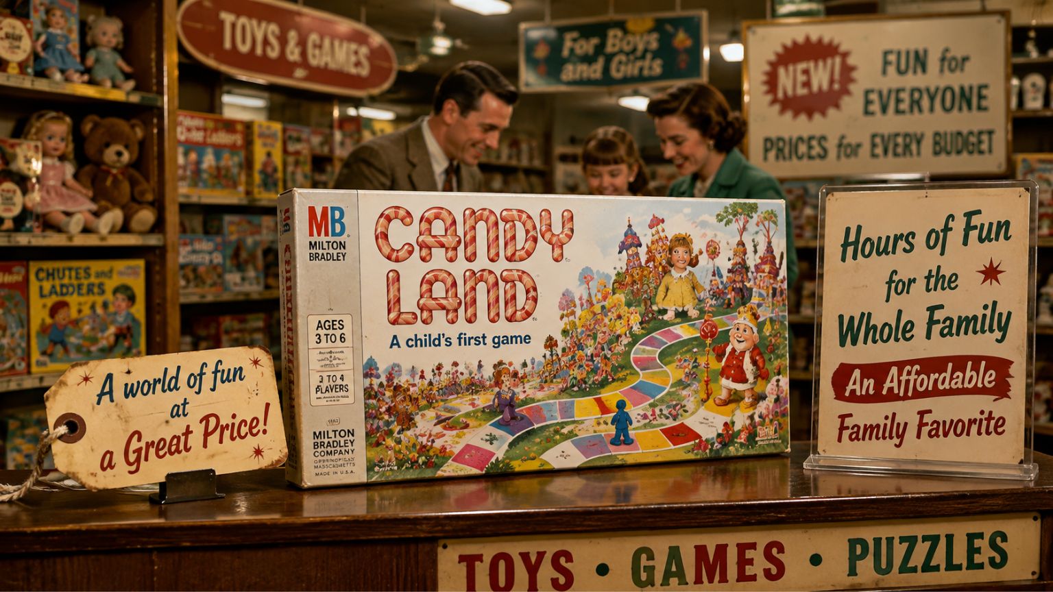 Vintage toy store display featuring an affordable family board game
