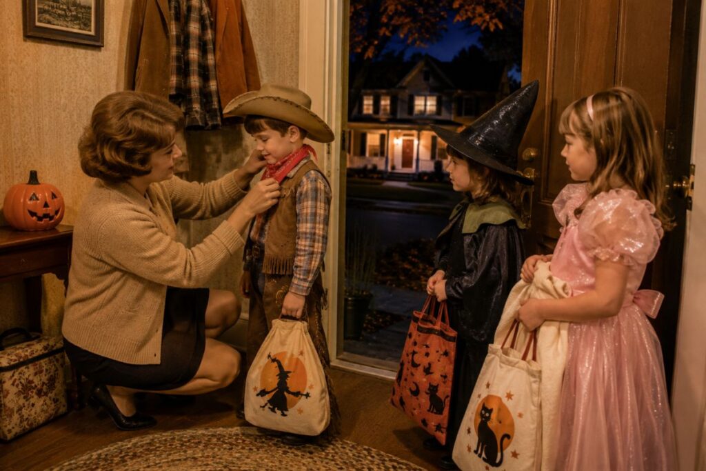 Mother making a final costume adjustment before her children go trick-or-treating on Halloween