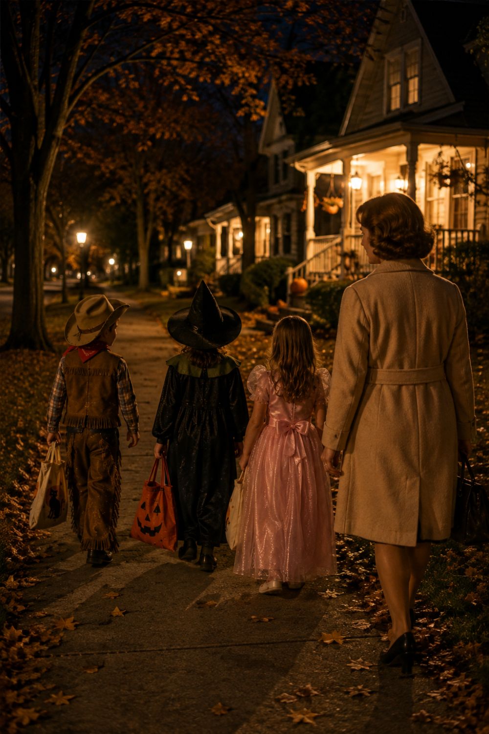 Adult accompanying children in homemade costumes while trick-or-treating at dusk