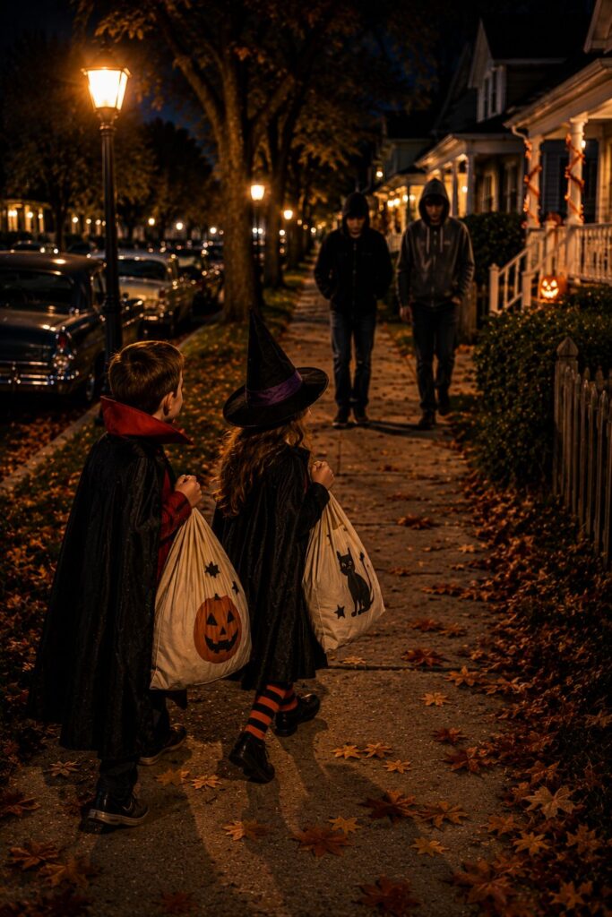 Young trick-or-treaters protecting their candy bags as older kids approach on Halloween night
