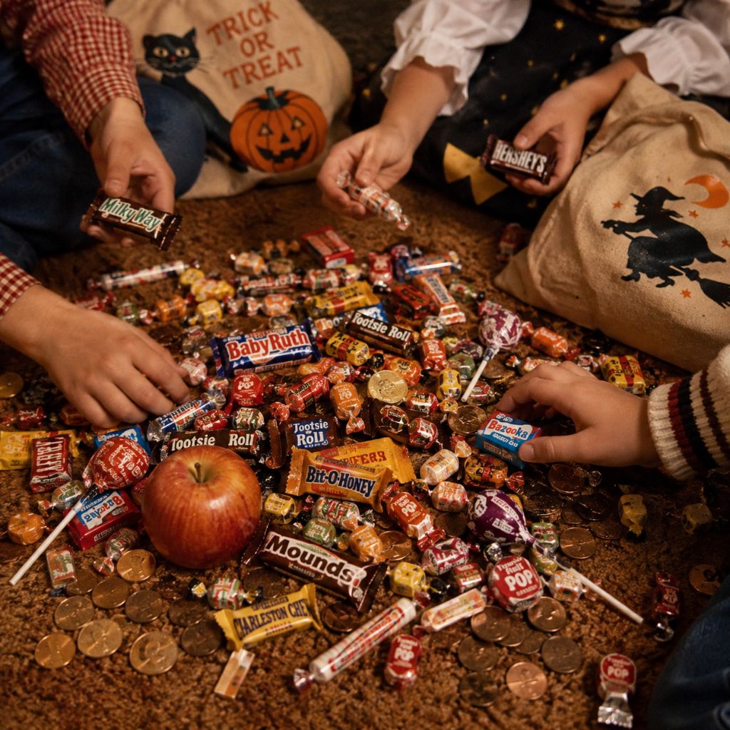 Children sorting candy, pennies, fruit, and other treats on the floor