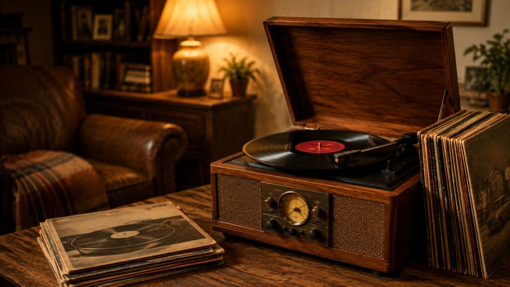 Vintage-style record player with vinyl records in a cozy living room, illustrating the best vintage record players for every budget.