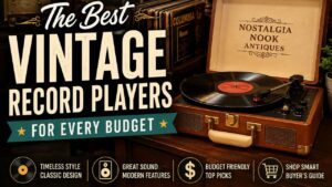 Vintage suitcase-style record player with vinyl albums and bold title promoting the best vintage record players for every budget.