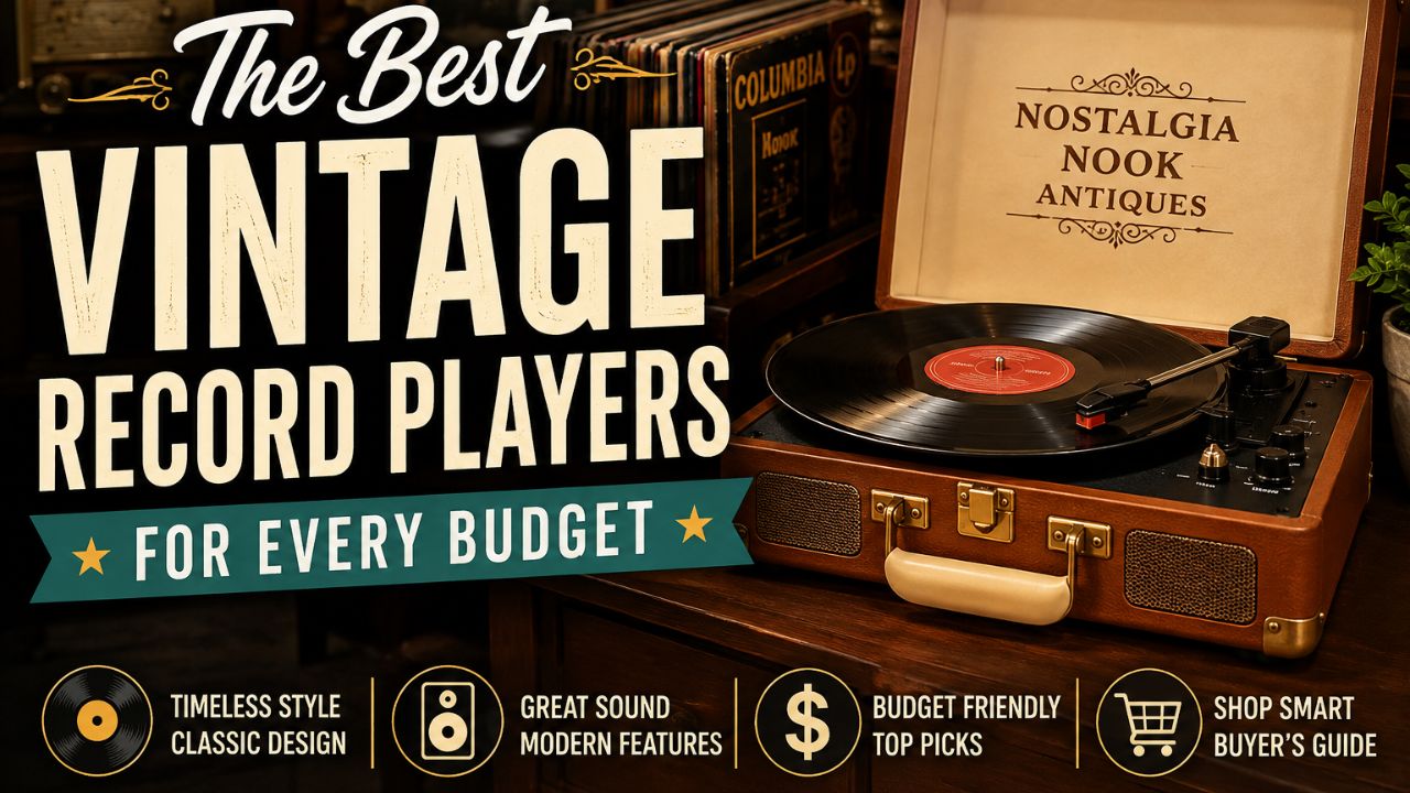 Vintage suitcase-style record player with vinyl albums and bold title promoting the best vintage record players for every budget.