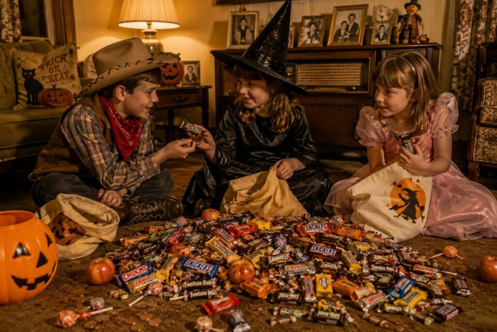Children sorting and trading their Halloween candy on the living room floor after trick-or-treating