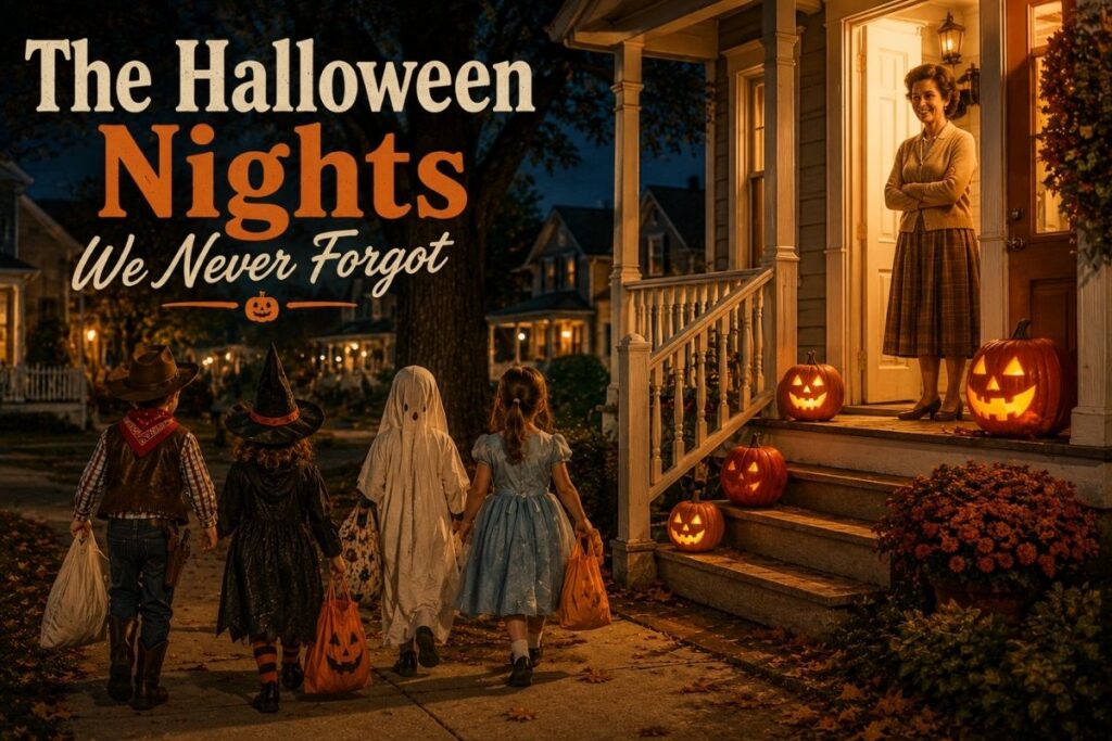Mom watching from the porch as her children head down the sidewalk to trick-or-treat