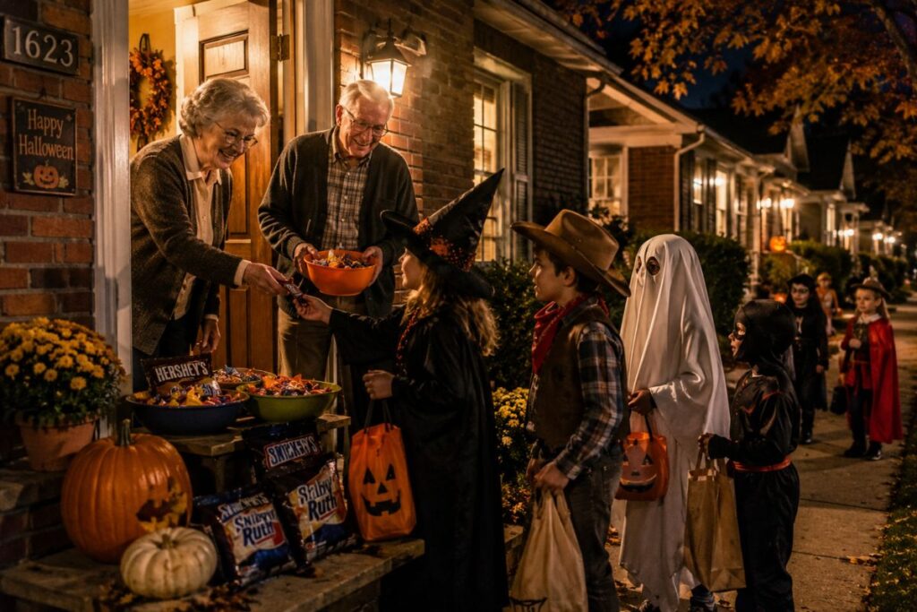 Mother adjusting her child's homemade costume before trick-or-treating