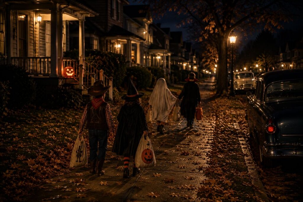 Children carrying heavy candy bags as they walk home after trick-or-treating on Halloween night