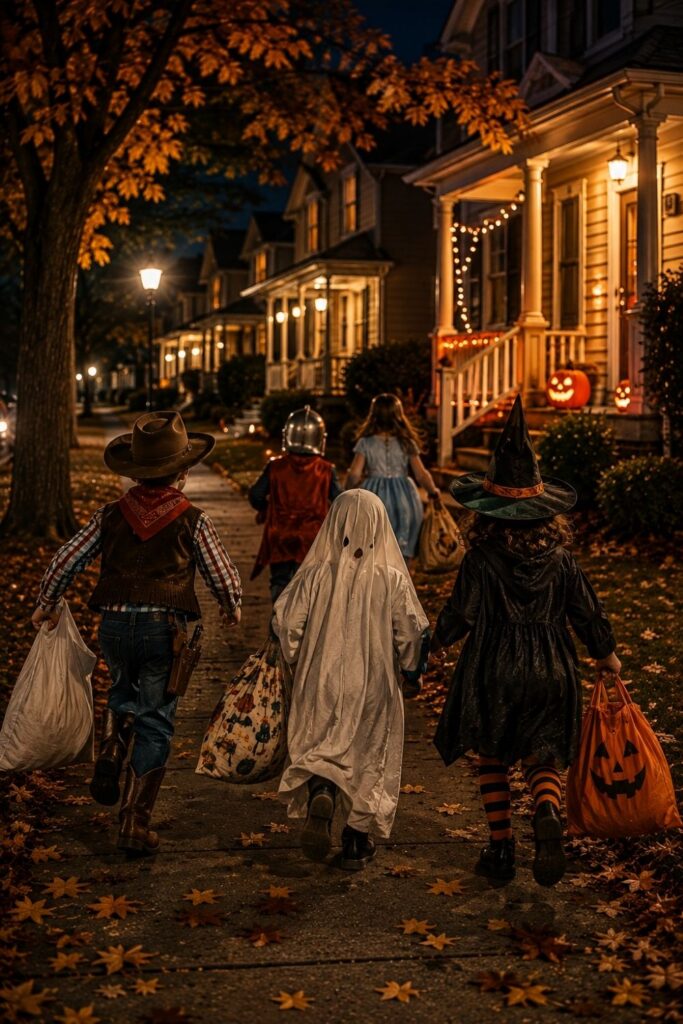 Children in homemade costumes running toward glowing porches while trick-or-treating on Halloween night