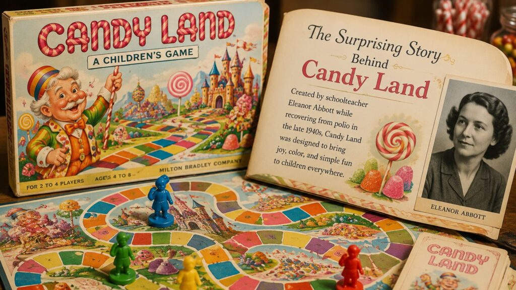 Vintage-style illustration of children playing Candy Land during the game's early years
