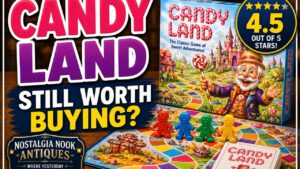 Candy Land board game review thumbnail featuring the colorful game board, playing pieces, Candy Castle, and Nostalgia Nook Antiques 4.5-star rating.
