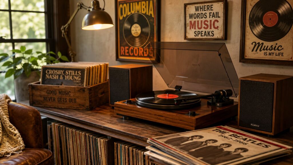 Warm vintage listening room with a wooden record player, vinyl albums, bookshelf speakers, and classic music décor.