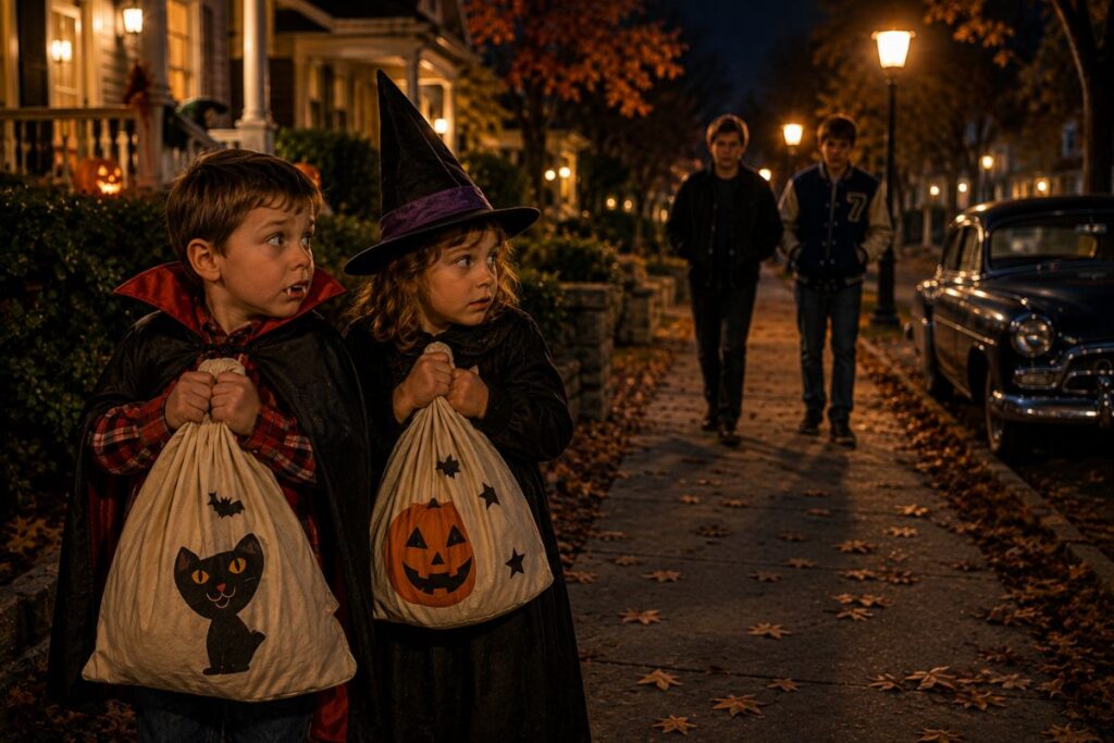 Young trick-or-treaters clutching their candy bags while watching older kids approach on Halloween night
