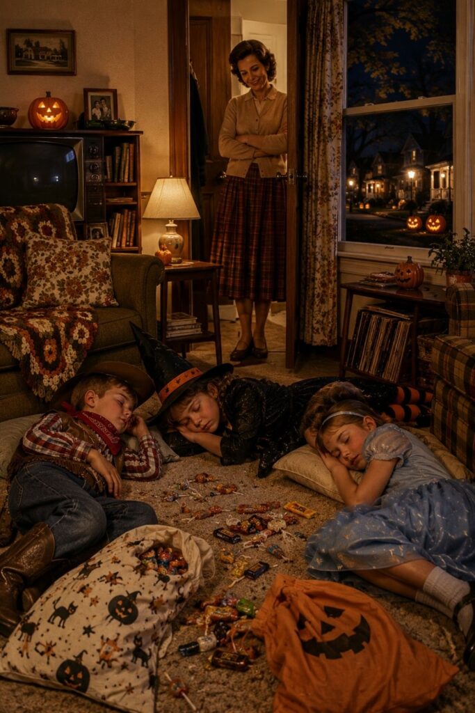 Exhausted children asleep in their costumes while Mom watches from nearby