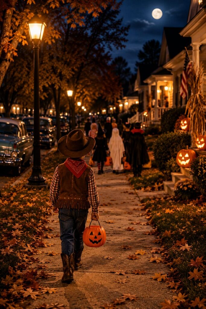 Young cowboy following other trick-or-treaters through a neighborhood on Halloween night
