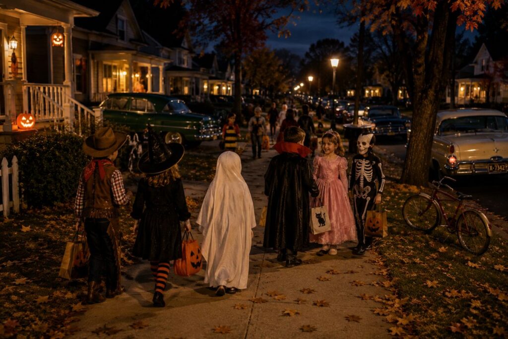 Young trick-or-treaters holding their candy bags as older kids approach