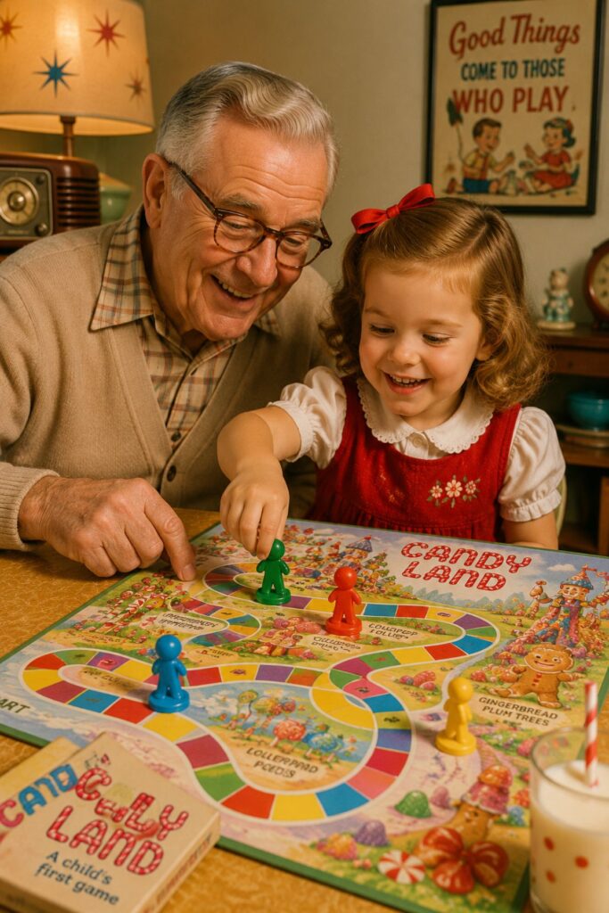 Grandfather playing a colorful board game with his granddaughter