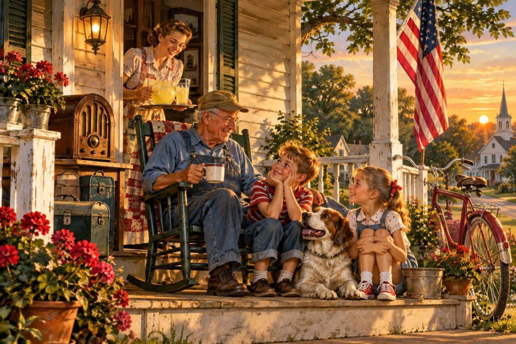 Family sharing a nostalgic summer evening on an American front porch