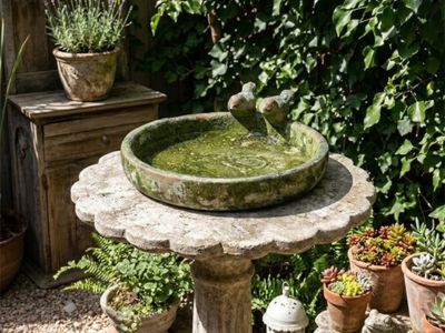 Aged stone garden bird bath surrounded by farmhouse greenery