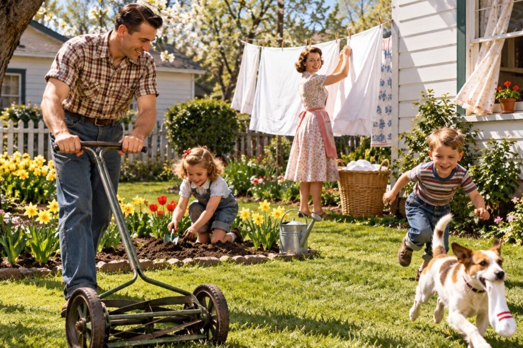 1950s family enjoying a spring Saturday at home with an old-fashioned reel mower