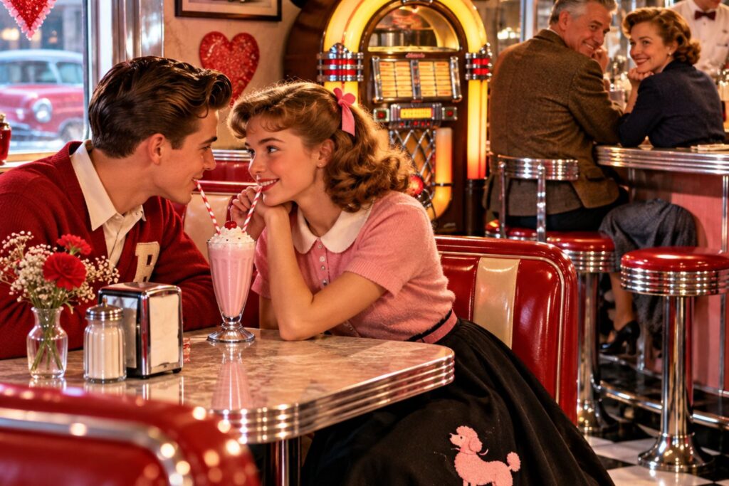 Young couple sharing a milkshake in a nostalgic 1950s soda fountain