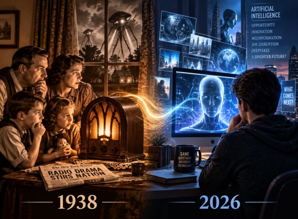 War of the Worlds Broadcast in 1938 compared with artificial intelligence fears in 2026