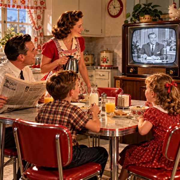 1950s family watching morning television together at the breakfast table
