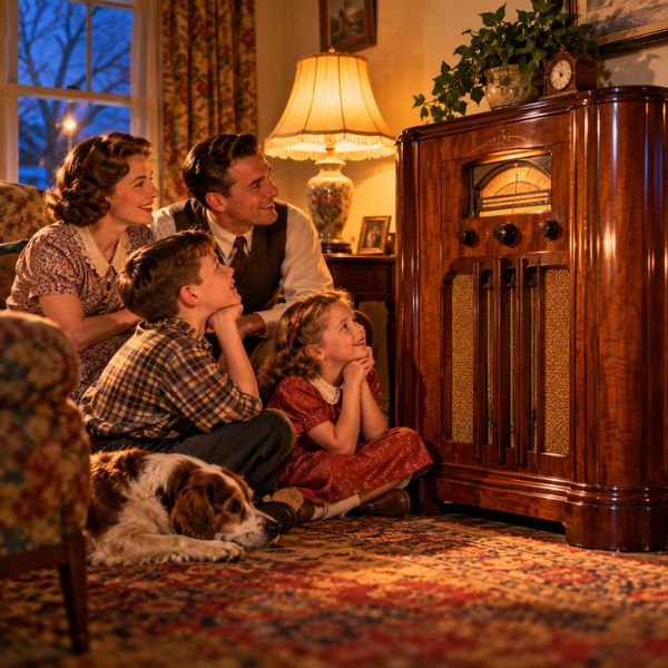The family gathered around a large vintage radio console in the 1930s