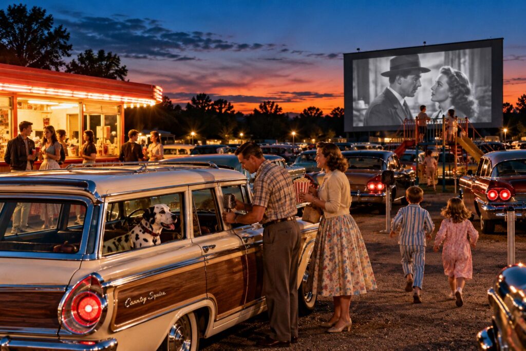 Family enjoying a summer night at a 1950s drive-in movie theater