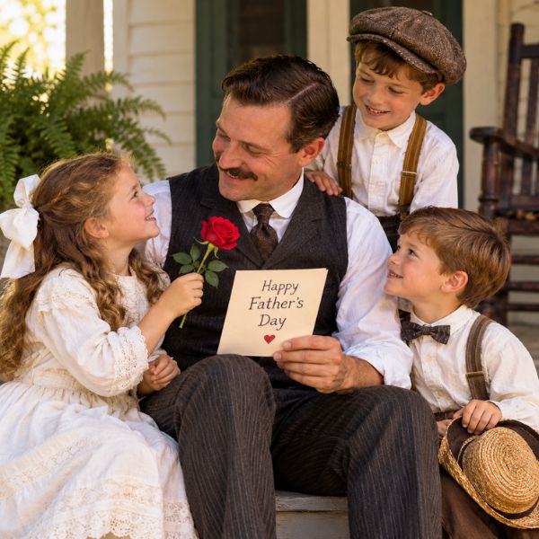 Father receiving a rose and handmade card from his children during an early Father's Day celebration