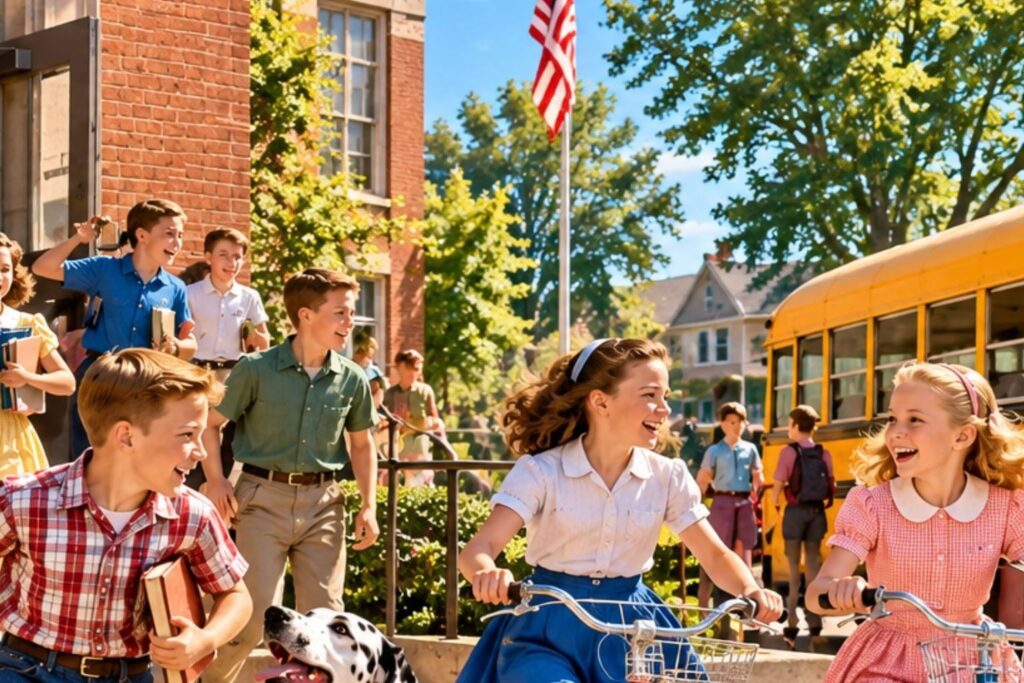Children celebrating the last day of school with bicycles, baseball gear and a Dalmatian