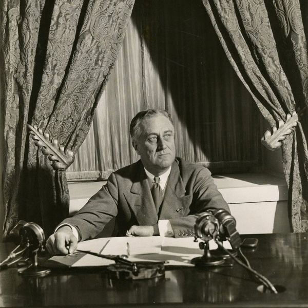 President Franklin D. Roosevelt delivering his first fireside chat in 1933
