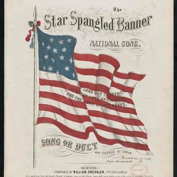 Historic Star-Spangled Banner sheet music featuring the American flag