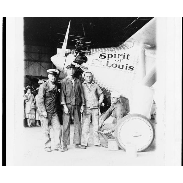 Spirit of St. Louis airplane and crew before Charles Lindbergh's 1927 transatlantic flight