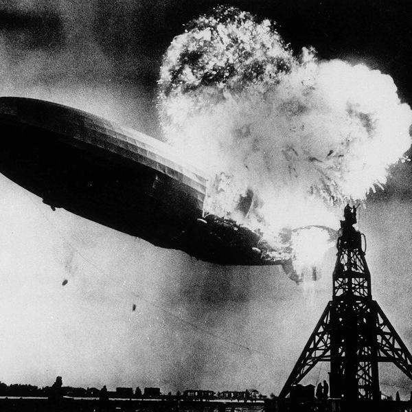 Hindenburg airship engulfed in flames during the 1937 Lakehurst disaster