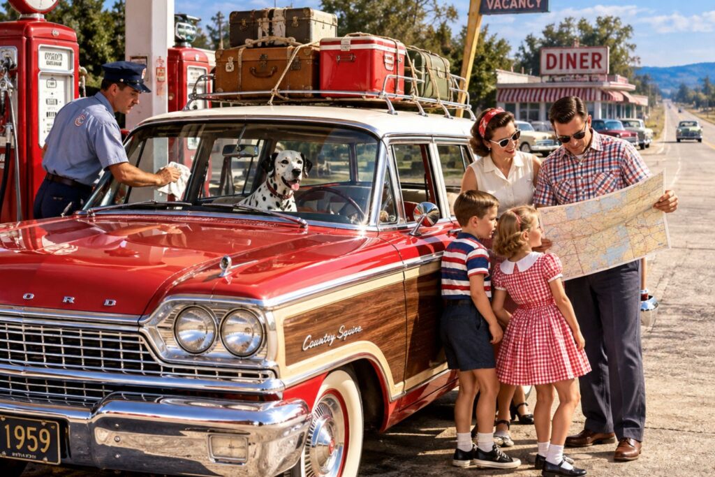 1959 red and white Country Squire station wagon on a nostalgic family road trip